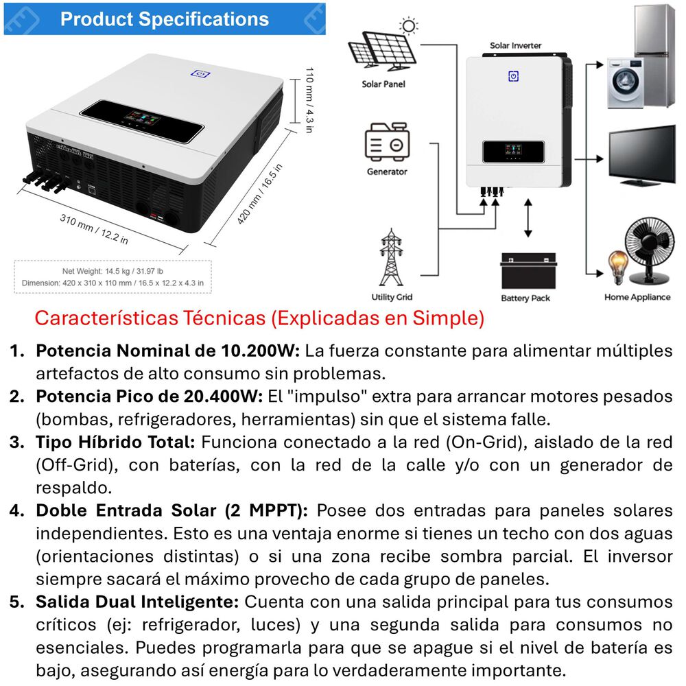 Inversor Solar Con Wifi Híbrido De 10200w Con Potencia Máxima 20400w image number 3.0