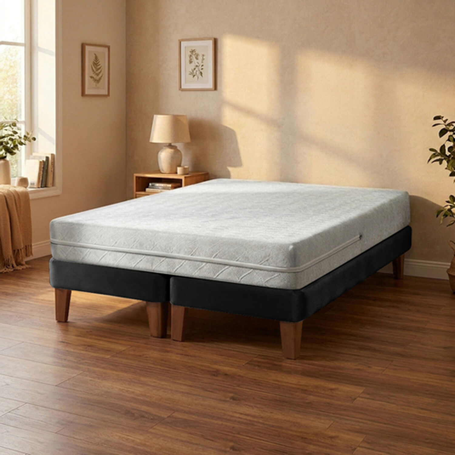Cama Europea Zen Best 2 Plazas 190 Cm Colchon Espuma Con Funda Velvet Negro image number 1.0
