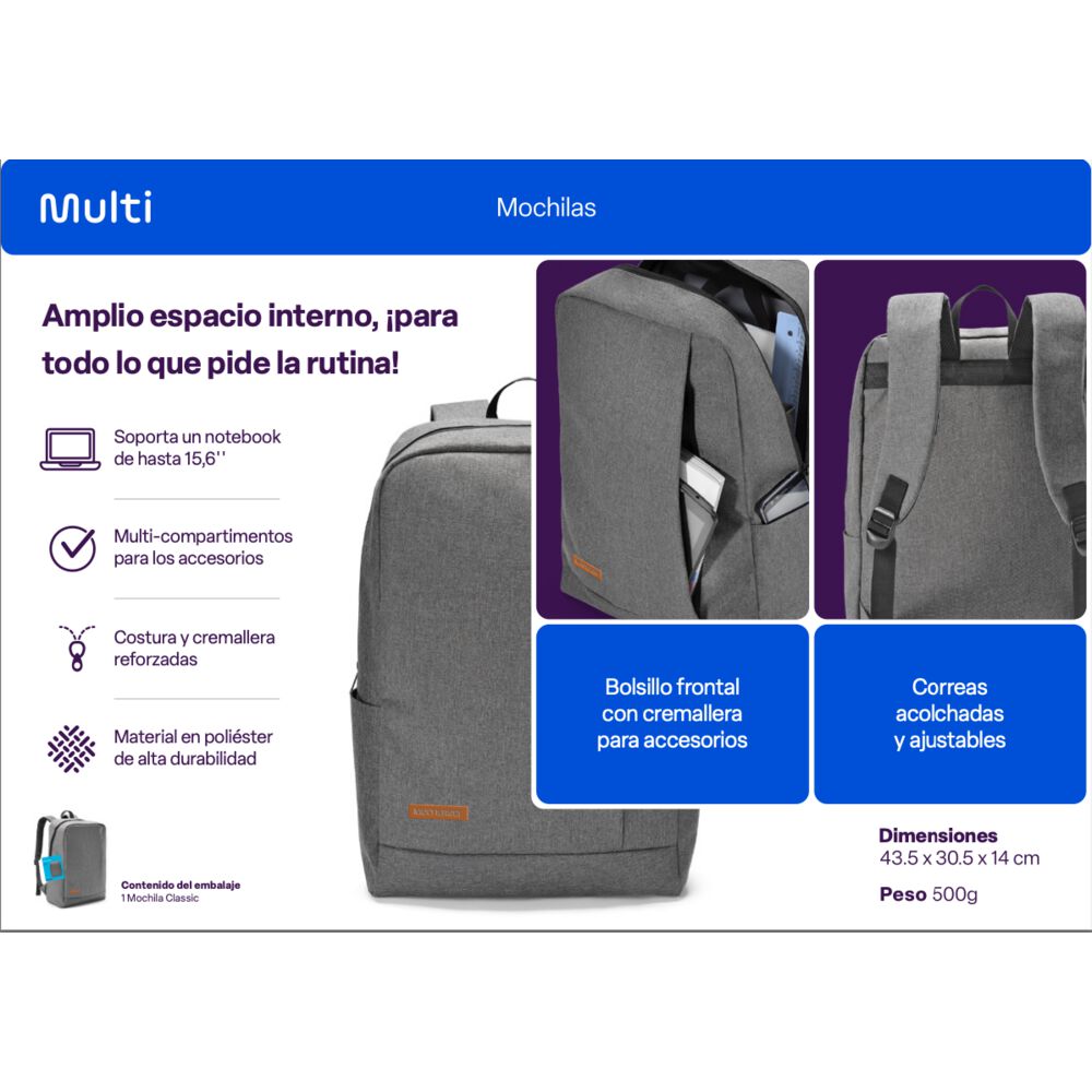 Mochila Notebook Multilaser Classic Gris Bo438 image number 3.0