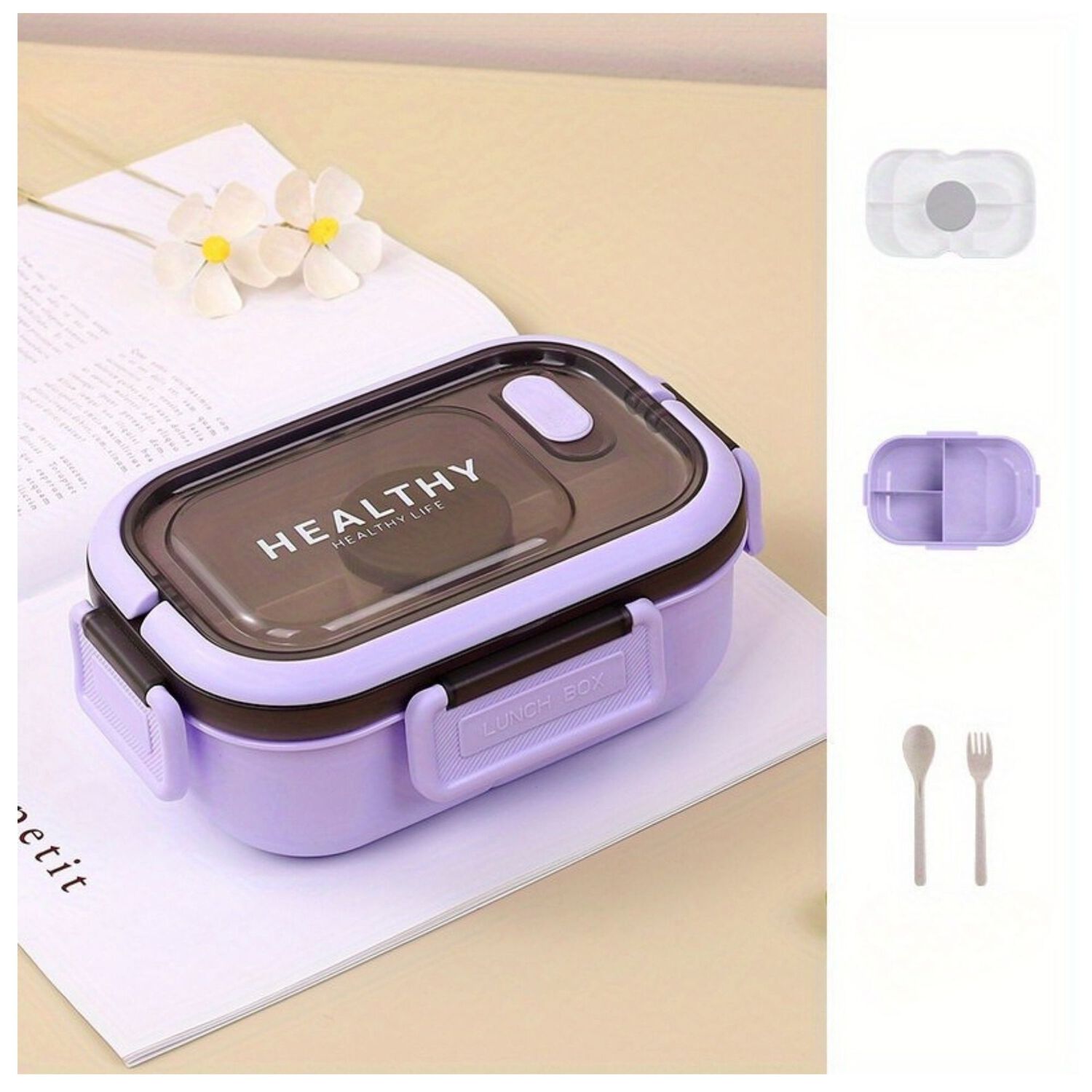 Fiambrera Bento Box Contenedor 1200 Ml + Salsera T&aacute;per Pl&aacute;stico Purple image number 0.0