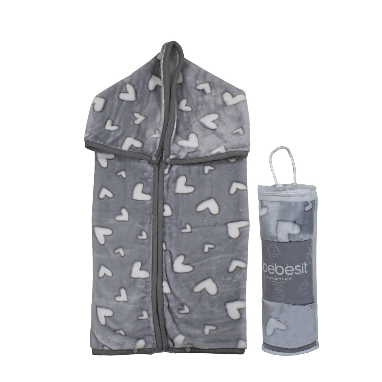 Saco Con Broche Ultra Soft Corazones 80x110cm Gris Bebesit image number 1.0
