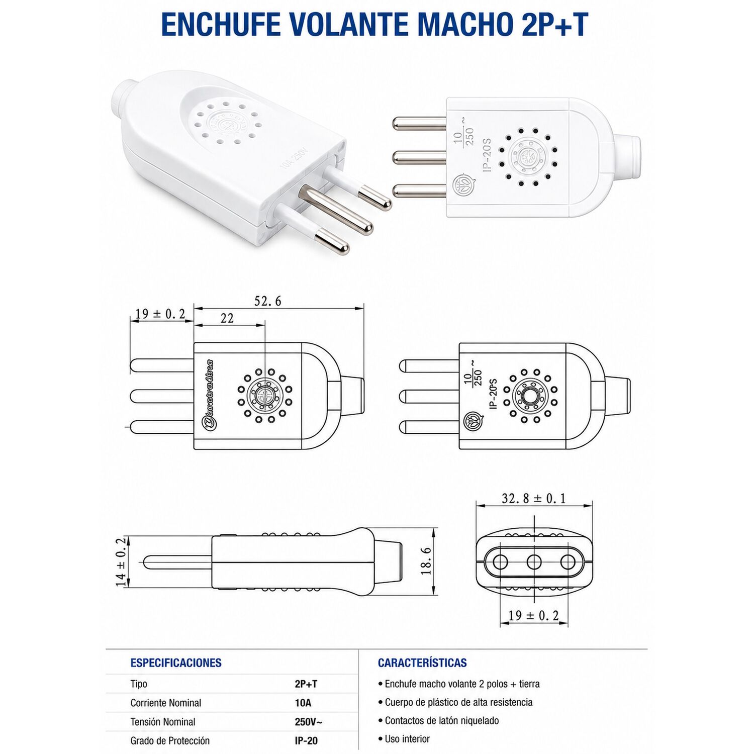 Pack 5 Enchufe Macho Volante 2p+t 10a 250v Certificado image number 3.0