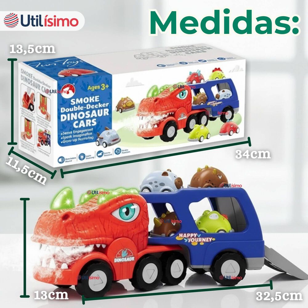 Cami&oacute;n Dinosaurio Con M&uacute;sica Luces Funci&oacute;n De Spray + 8 Mini Coches image number 4.0