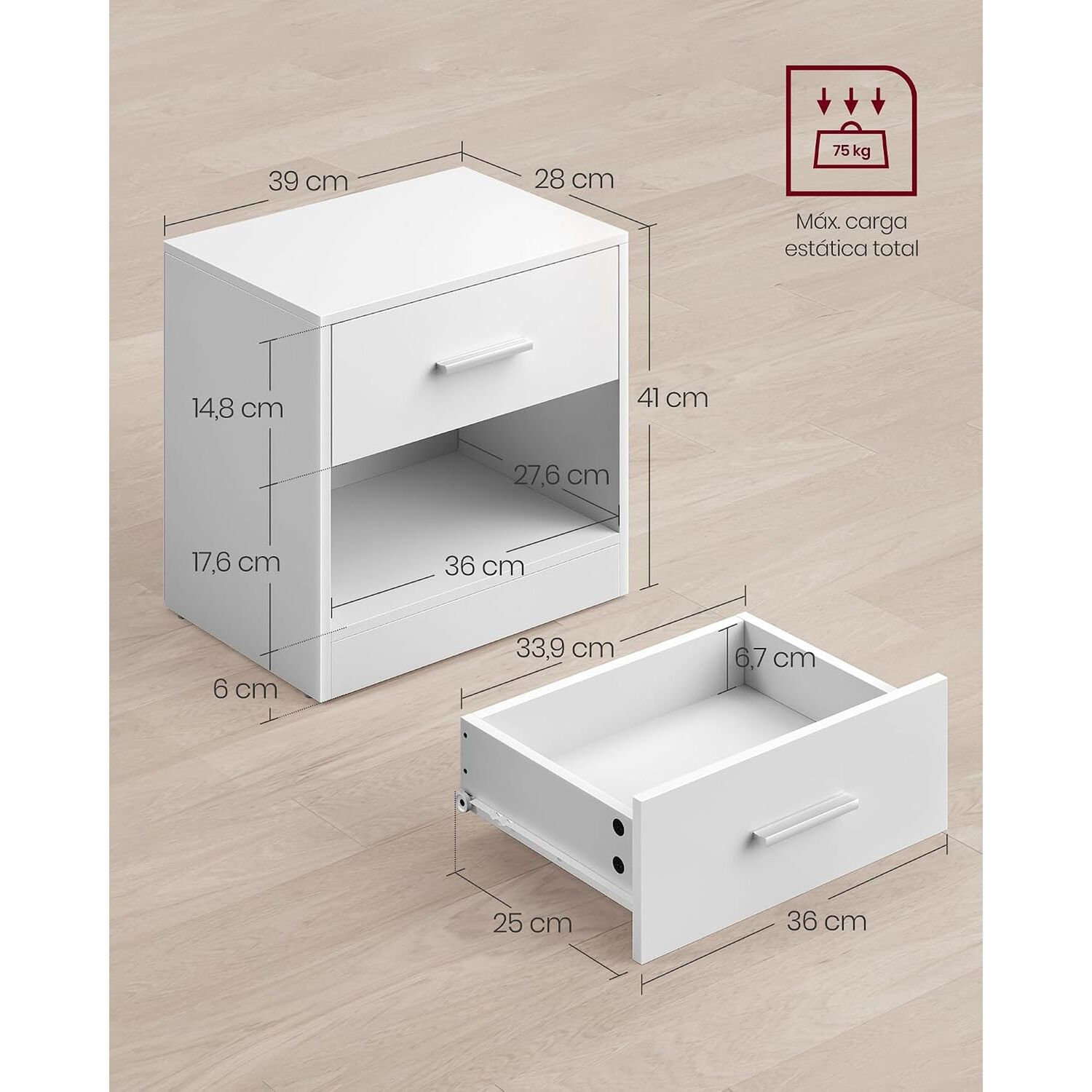 Velador Moderno Vasagle Con Caj&oacute;n Repisa Dormitorio Blanco image number 5.0