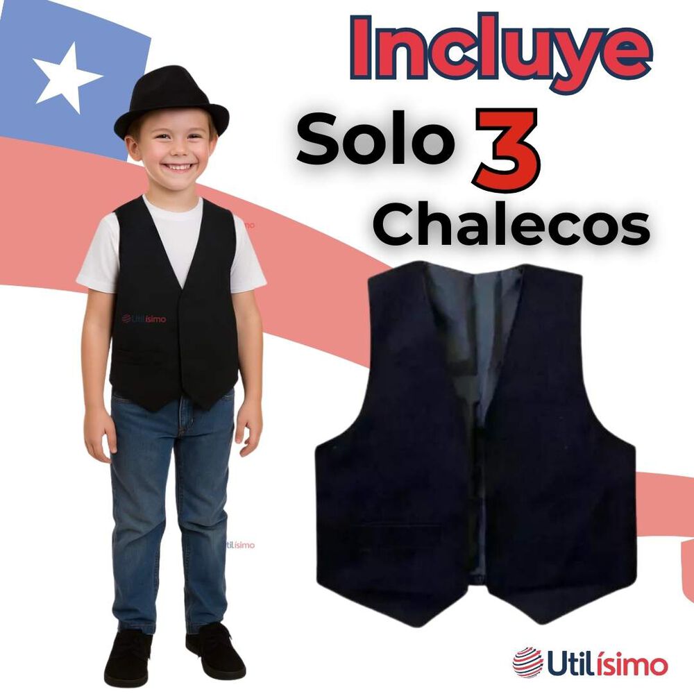 Pack 3 Chaleco Bolero Nortino Niño Juvenil Fiestas Patrias Negro image number 4.0