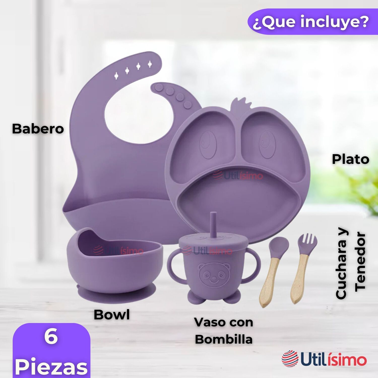 Set De Alimentaci&oacute;n Beb&eacute; Silicona De Formas 6 Piezas Libre Bpa Color Lila image number 6.0