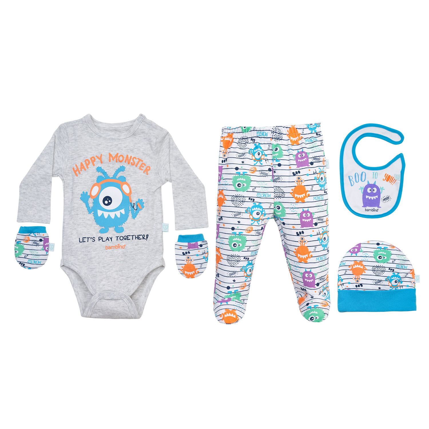 Set 5 Piezas Baby Gift Bambino Creations Monstruos Blanco image number 2.0