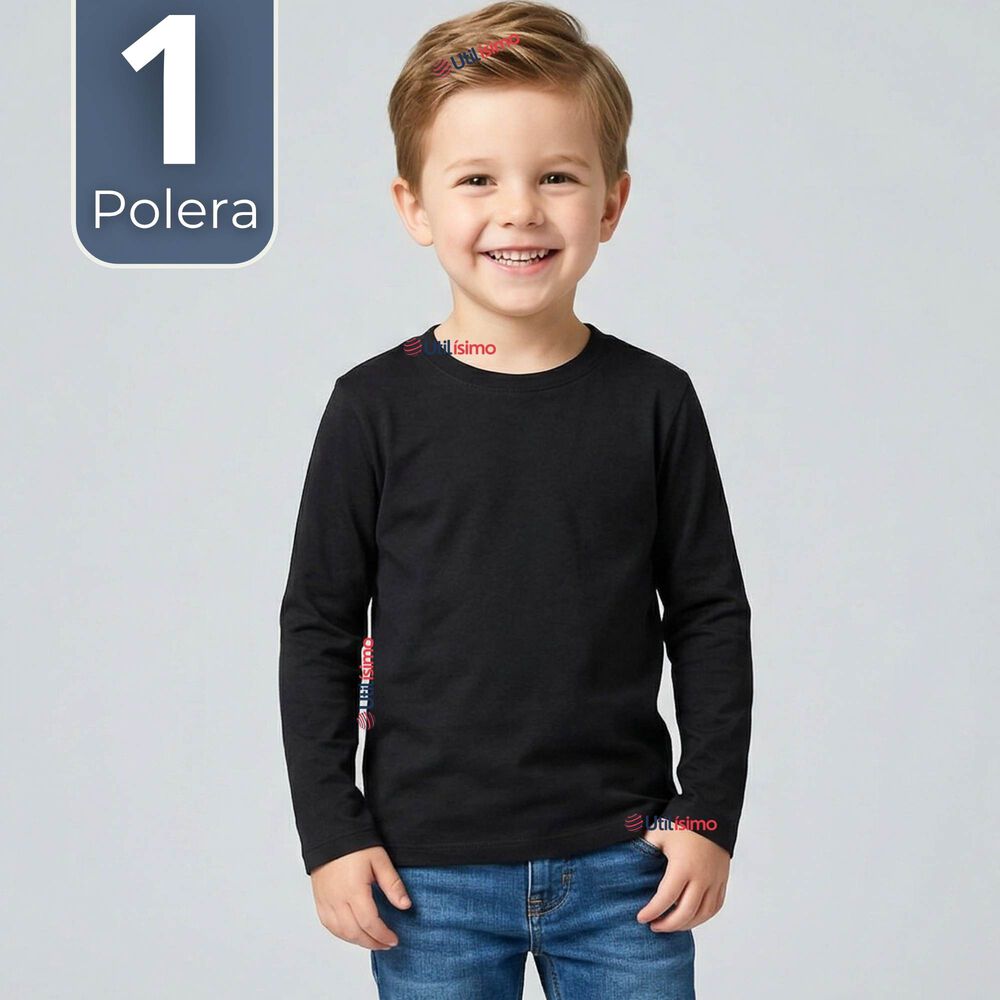 Polera Camiseta Bamb&uacute; Negra Cuello Redondo Primera Capa Manga Larga Ni&ntilde;o image number 0.0