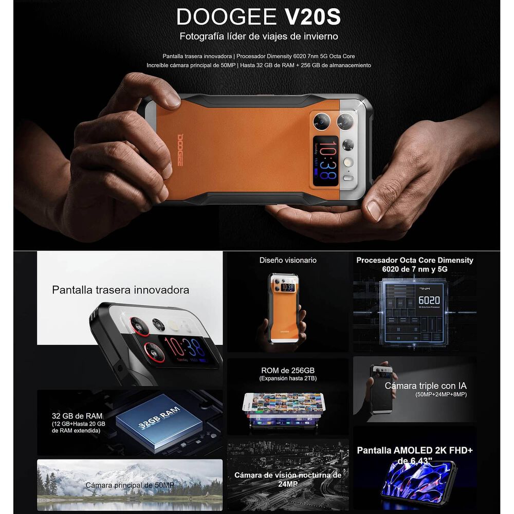 Celular Rugged Doogee V20s Resistente A Golpes, Polvo, Humedad Y Agua / C&aacute;mara Con Visi&oacute;n Nocturna, Carcasa Soporte (regalo), Pantalla Amoled, Naranjo image number 1.0