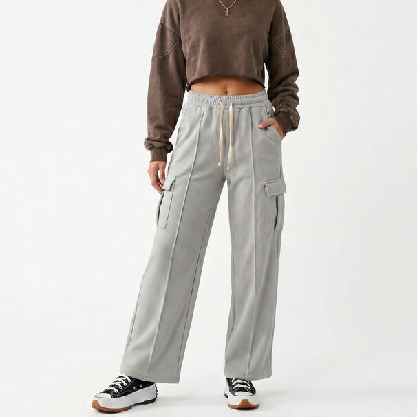 DJOE PANTALON BUZO CARGO MUJER WIDE LEG TIRO ALTO CON CORDÓN