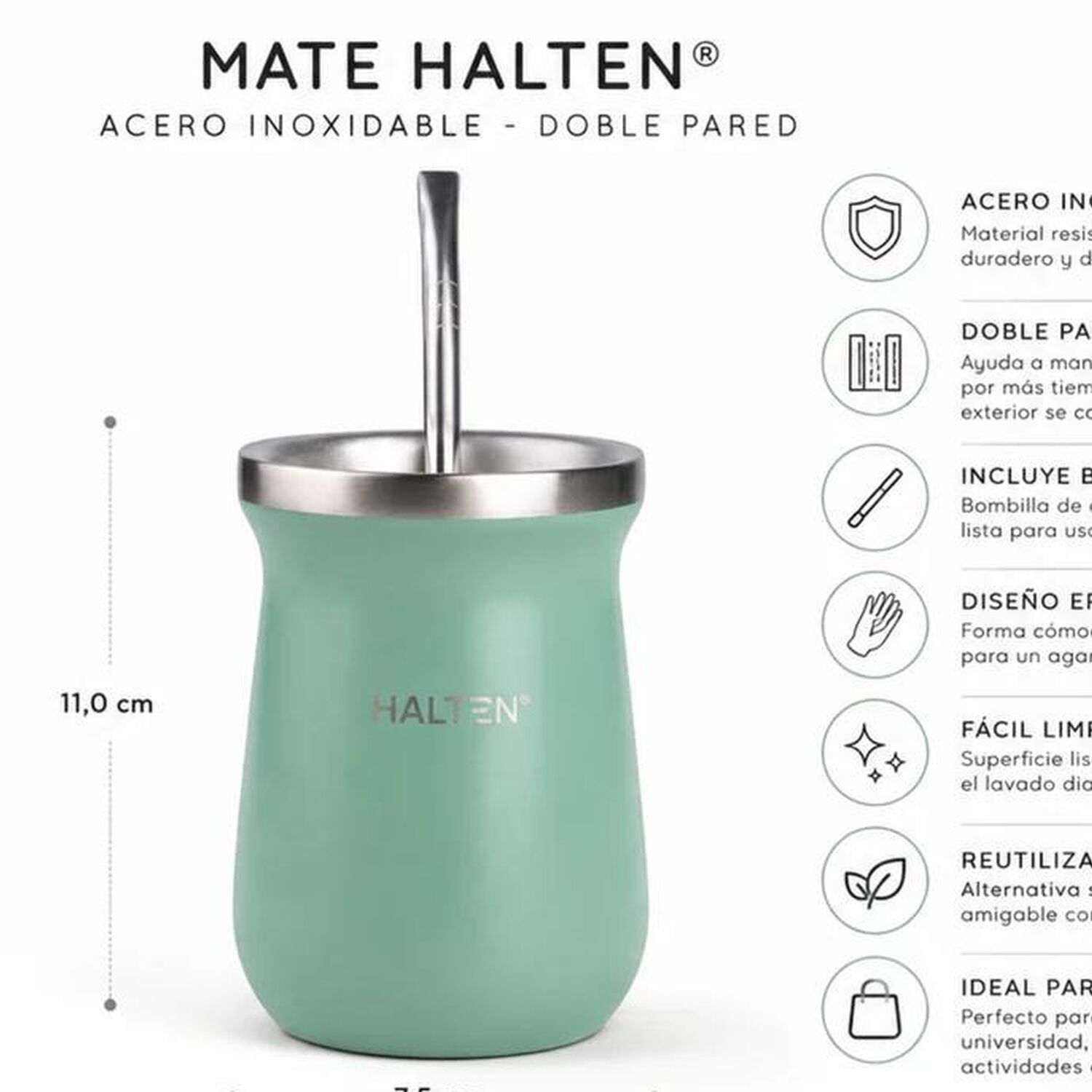 Mate T&eacute;rmico De Acero Inoxidable 300 Ml Con Bombilla Conserva Calor 1 Hora Y Fr&iacute;o 6 Horas Color Verde image number 1.0