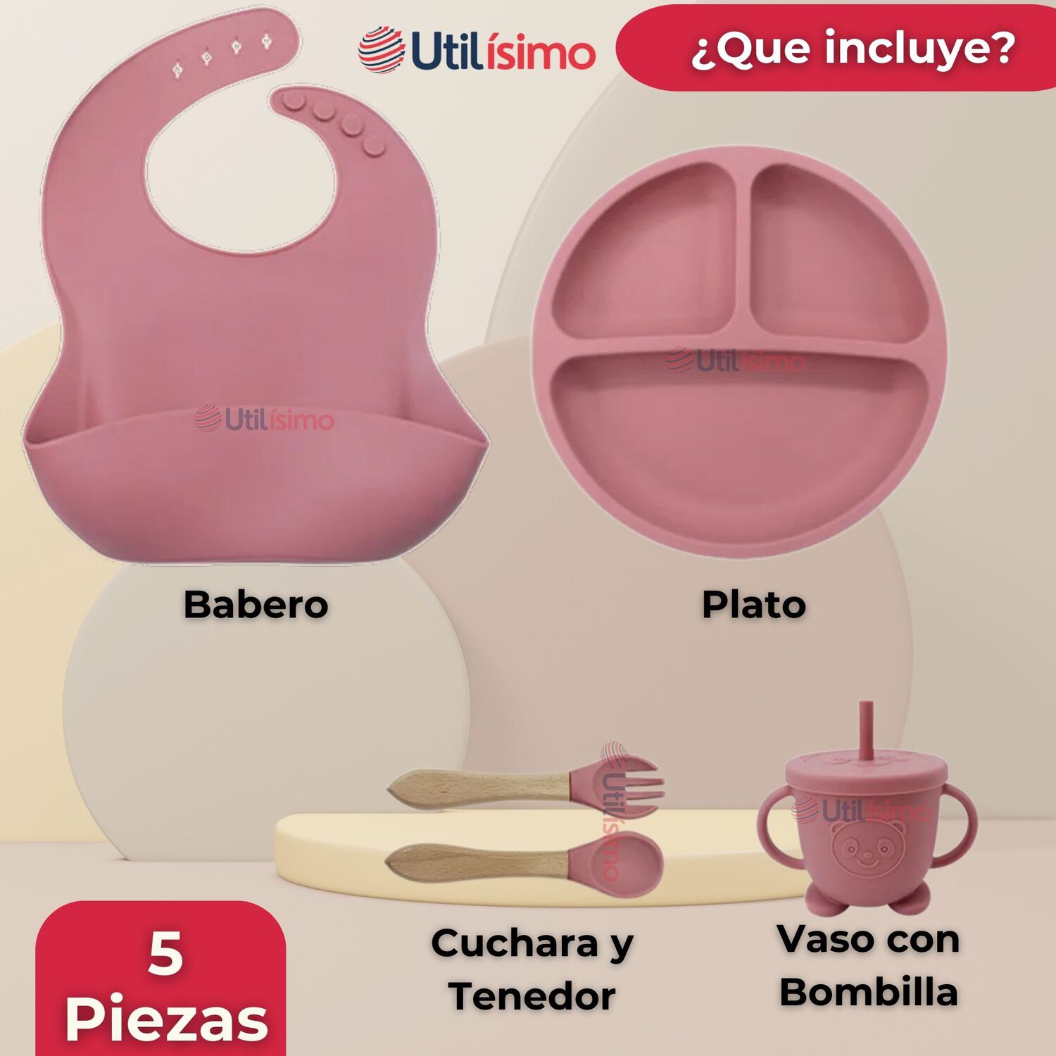 Set De Alimentaci&oacute;n Beb&eacute; Silicona Con Vaso 5 Piezas Libre Bpa Color Rosa Oscuro image number 6.0