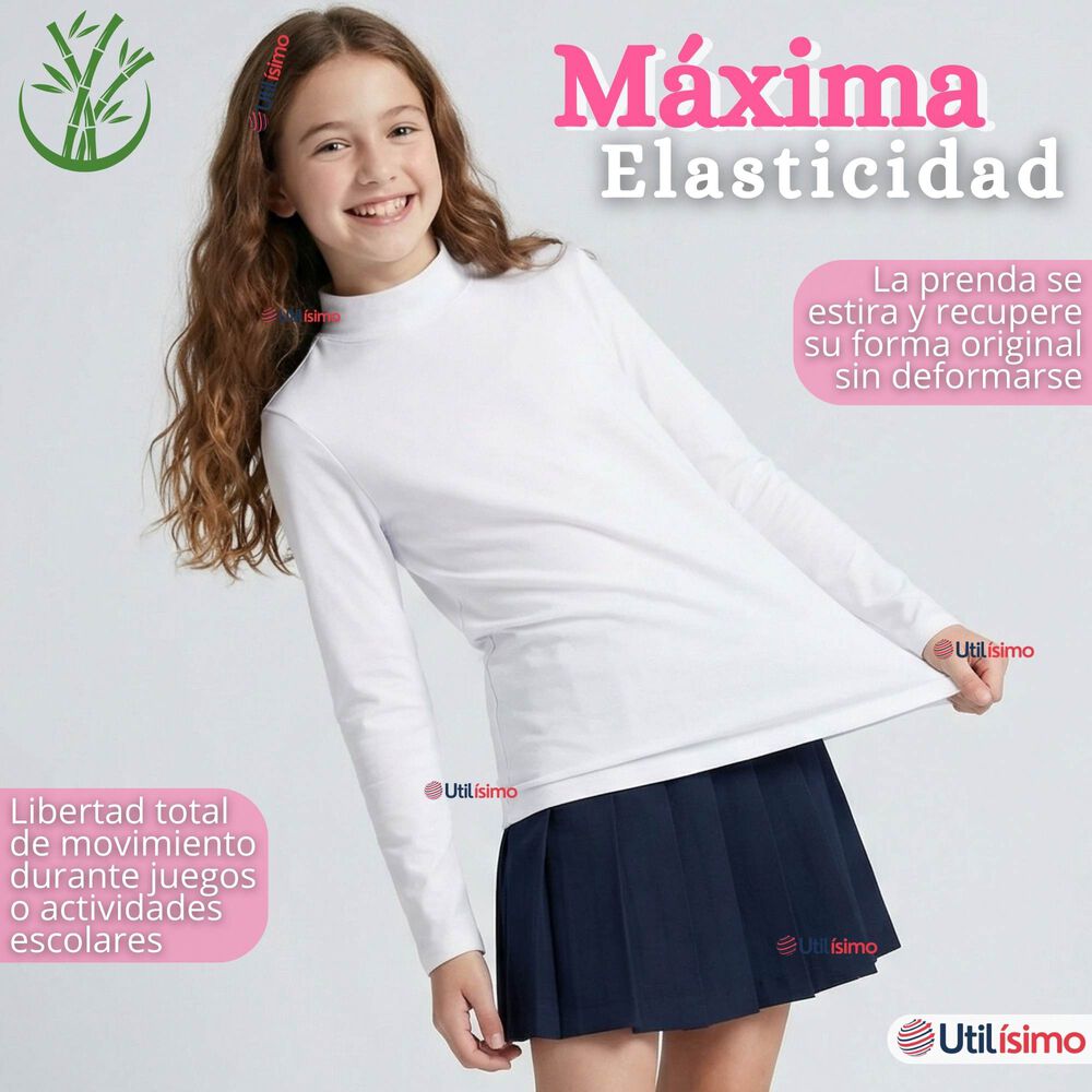 Polera Camiseta Bamb&uacute; Blanca Cuello Beatle Primera Capa Manga Larga Ni&ntilde;a image number 5.0