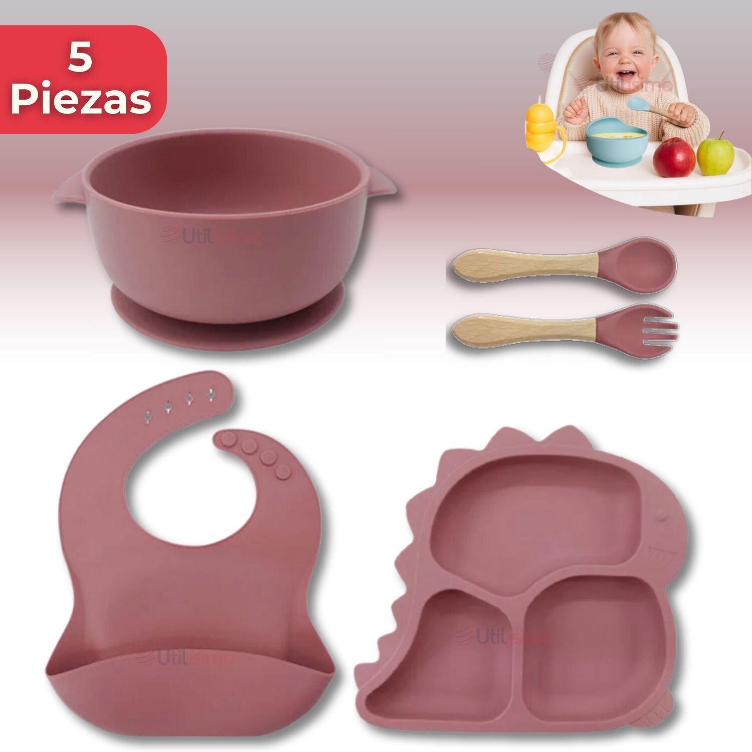 Set Alimentaci&oacute;n Silicona Beb&eacute; 5 Piezas Dinosaurio Libre Bpa Color Rosa Oscuro image number 0.0