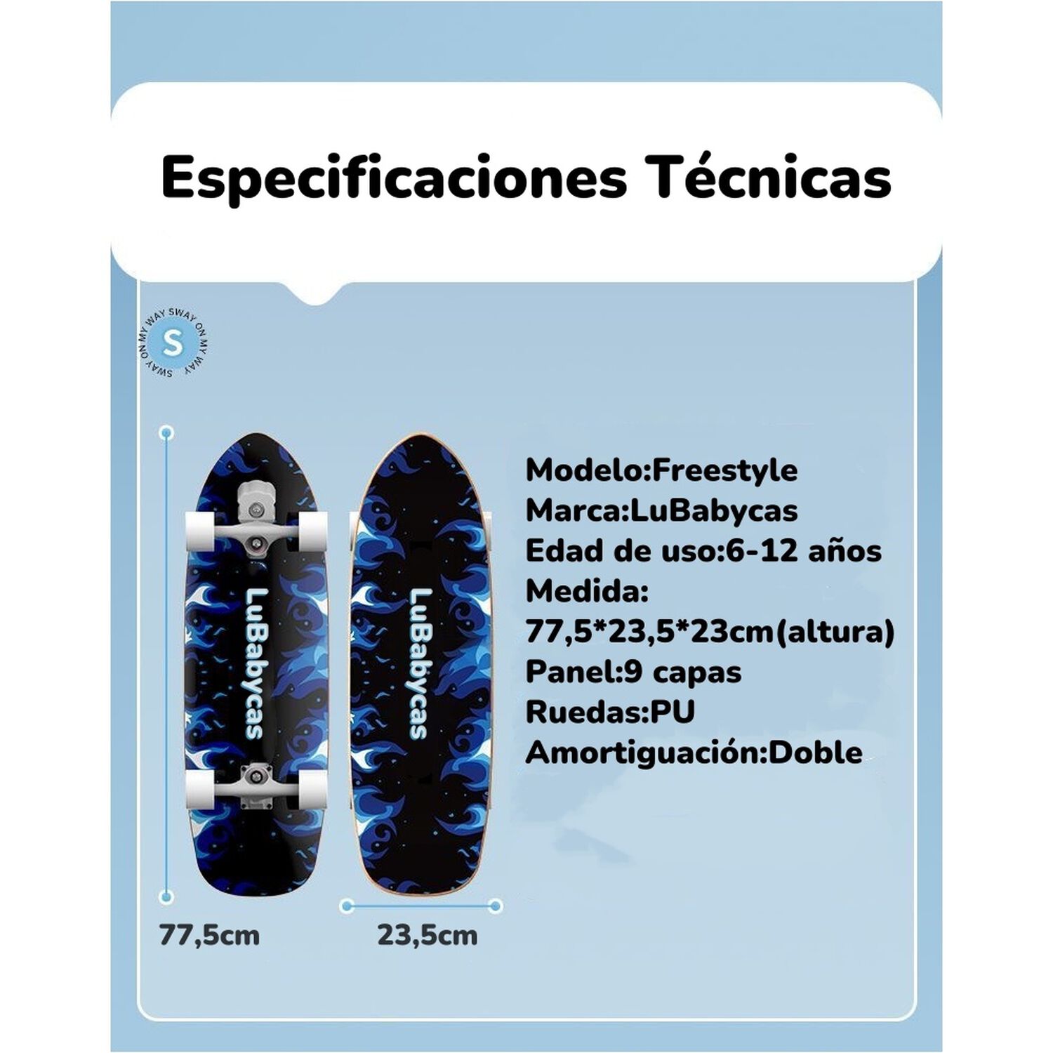 Skate Patineta De Madera Con Luces Freestyle Negra Lubabycas image number 2.0