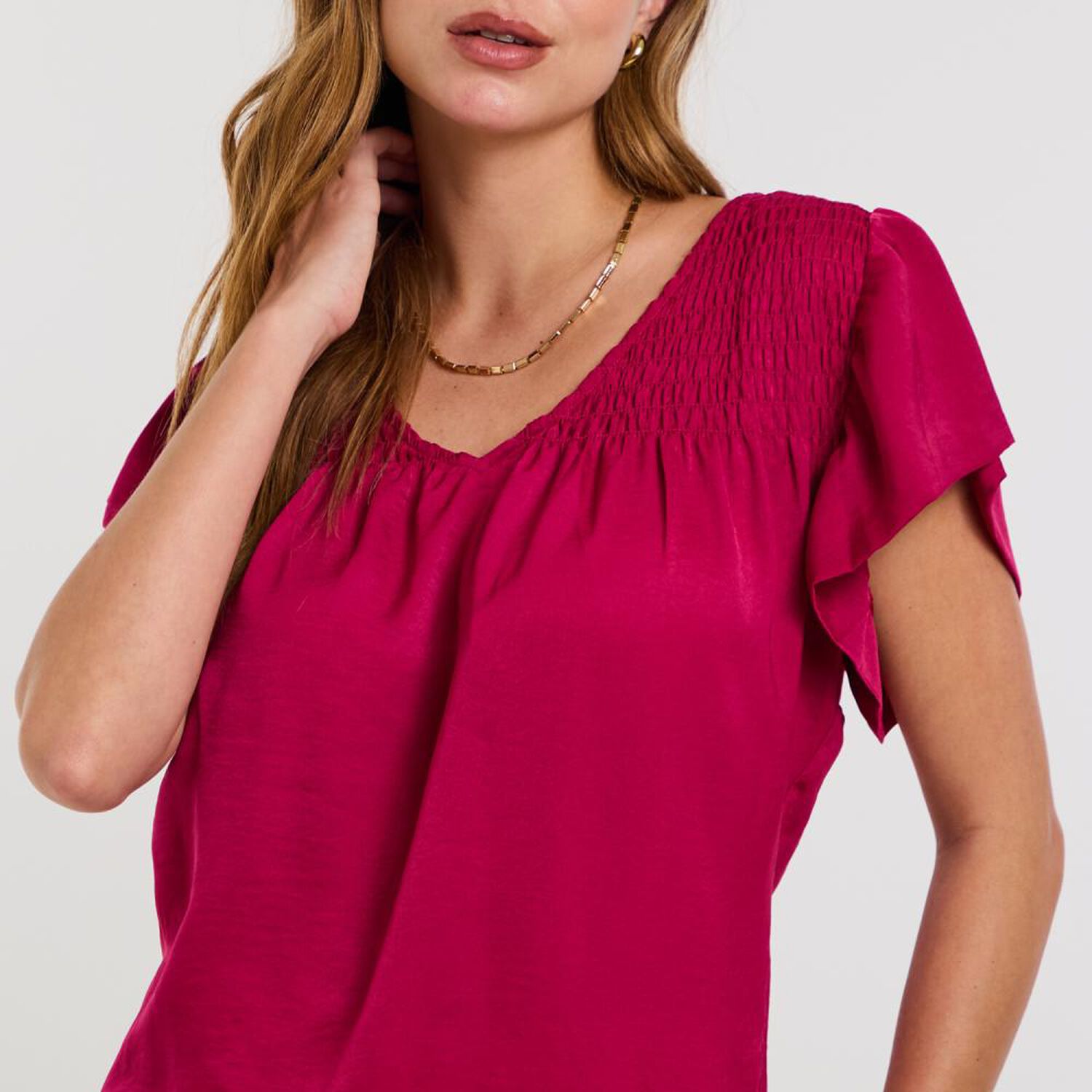 Blusa Panel E&aacute;sticado En Escote Manga Corta Mini Vuelo Mujer Kimera image number 4.0
