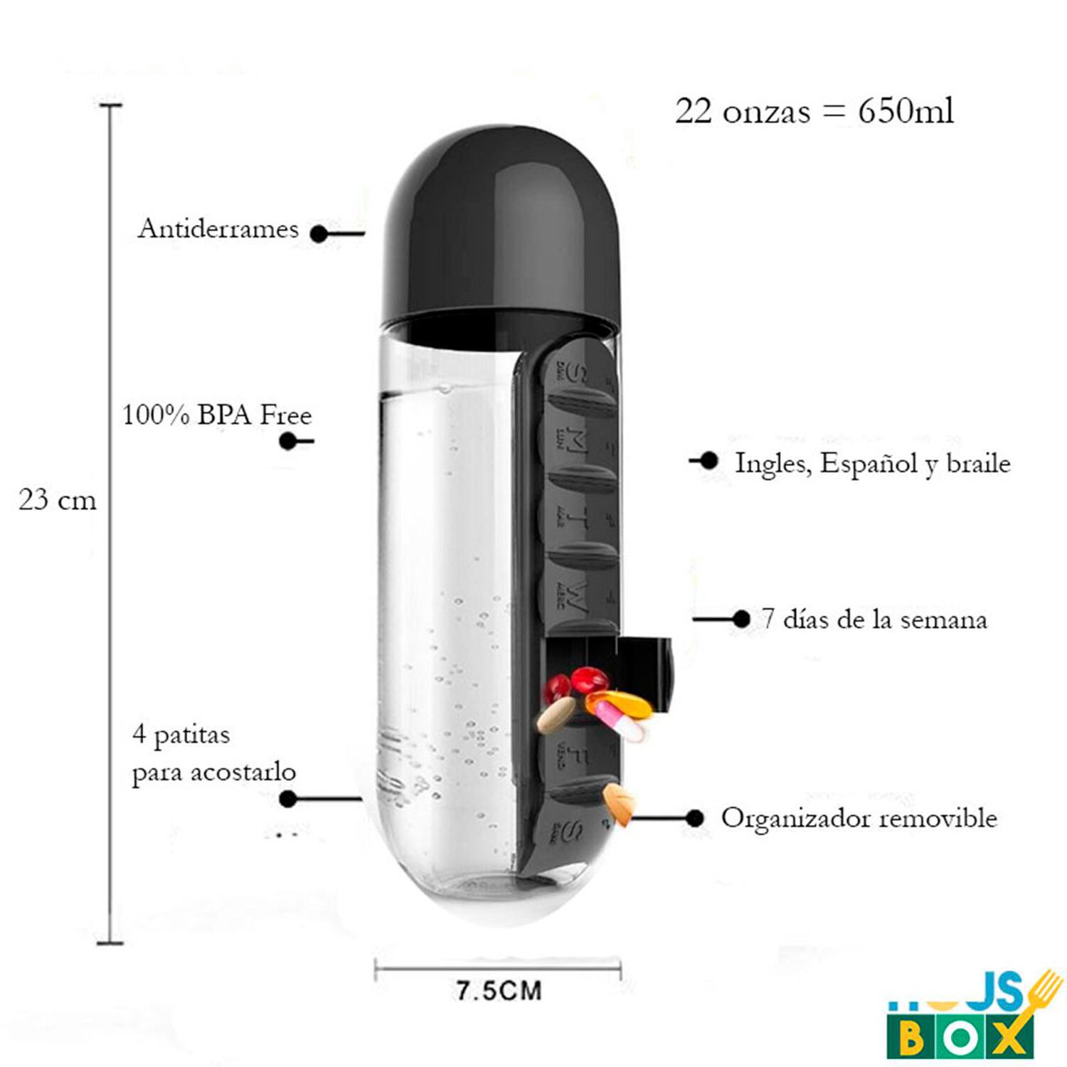 Botella De Agua Pastillero Organizador Pastilleros Semanales Negro image number 2.0