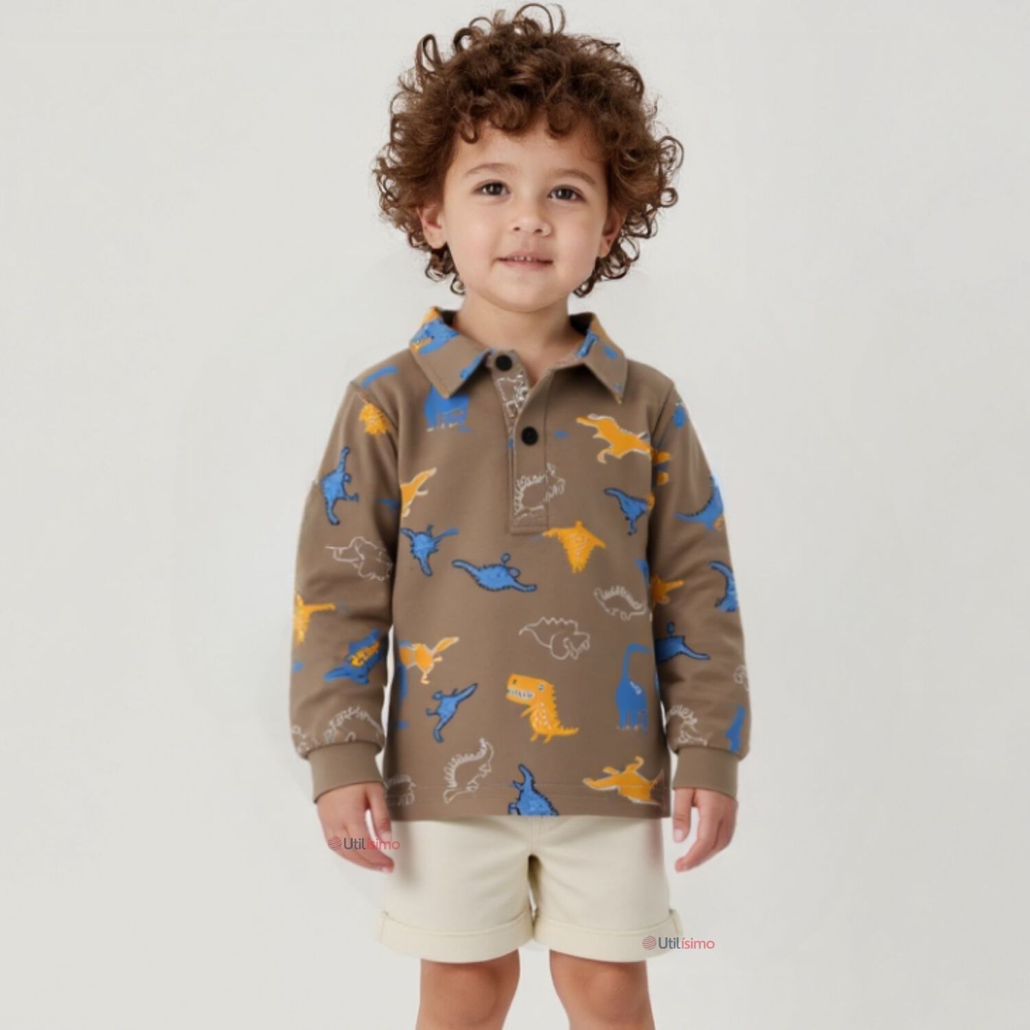 Polera Piqu&eacute; Manga Larga Ni&ntilde;o Con Estampado De Dinosaurios Marr&oacute;n image number 0.0