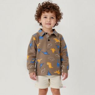 Polera Piqu&eacute; Manga Larga Ni&ntilde;o Con Estampado De Dinosaurios Marr&oacute;n