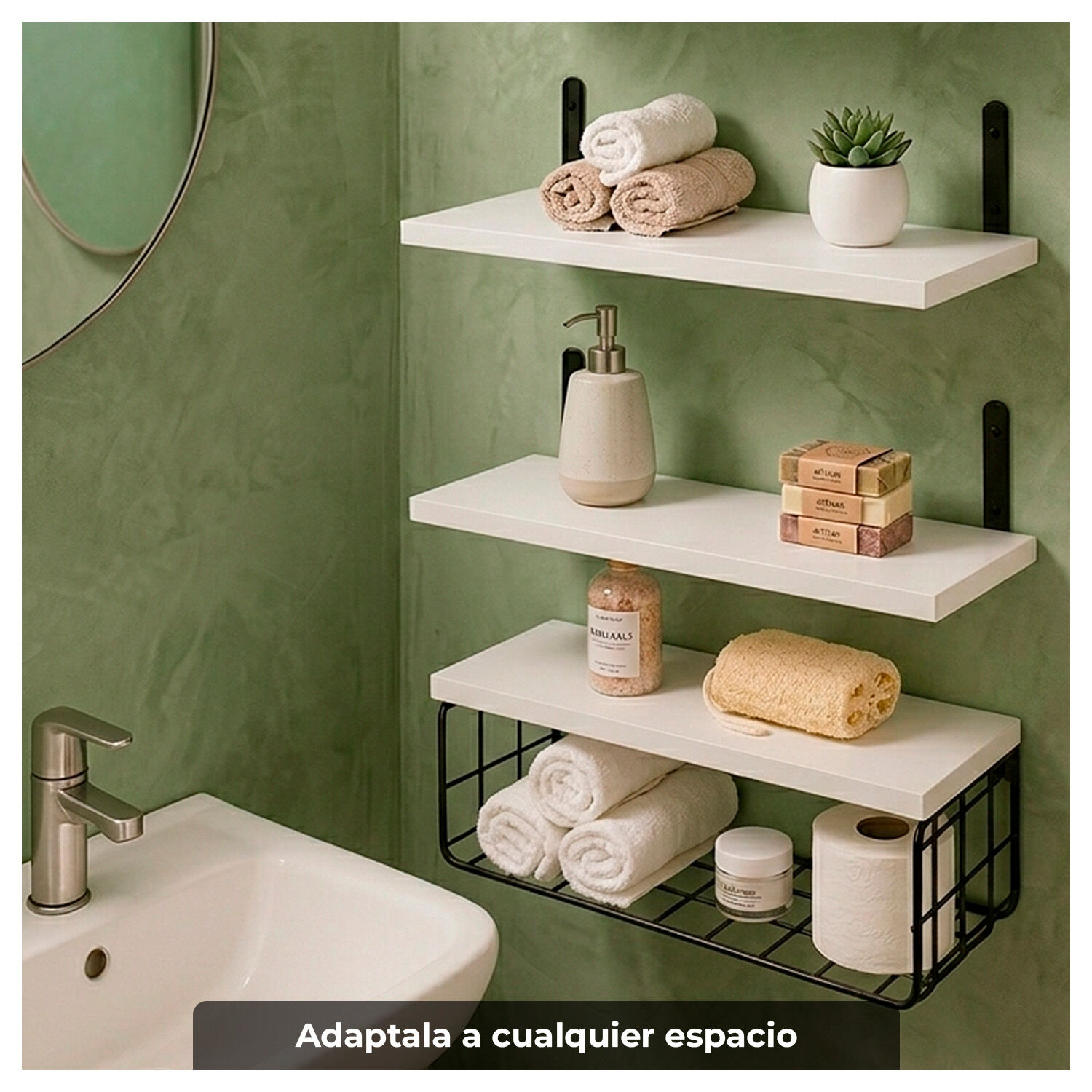 Repisas Flotantes De Madera Set De 3 Niveles Con Canasta Met&aacute;lica image number 1.0