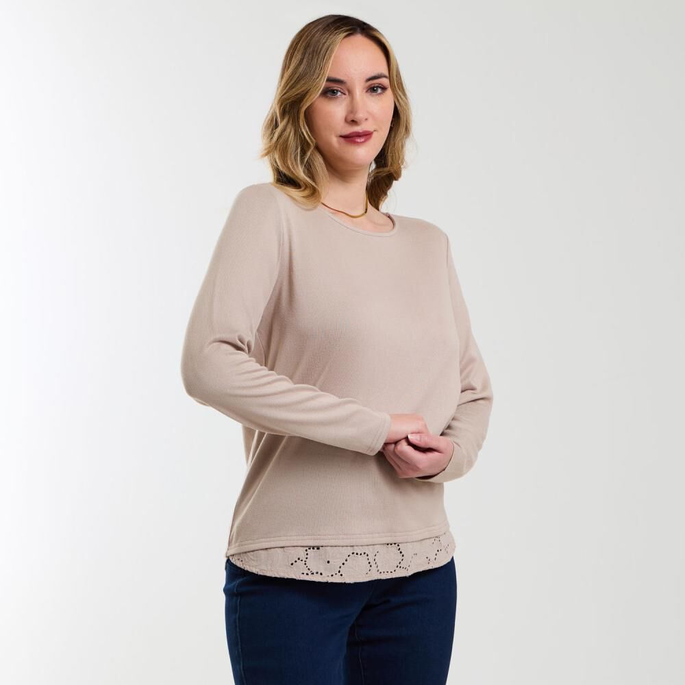 Sweater Liso Aplicación Broderie En Cintura Cuello Redondo Mujer Geeps image number 2.0