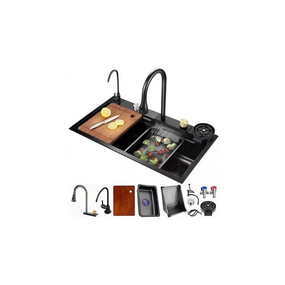 Lavaplatos Empotrado 8045 Acero Inoxidable Negro Con Llave De Cascada Extra&iacute;ble + Accesorios Kit Completo Lavavajillas De Cocina Moderno Lava Platos  image number 0.0