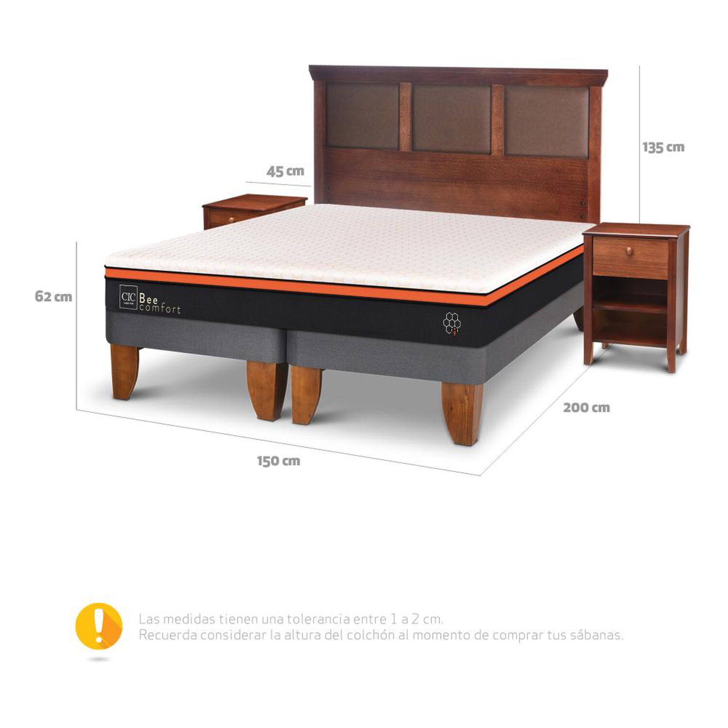 Cama Europea Cic Bee Comfort / 2 Plazas / Base Dividida + Set De Maderas image number 2.0