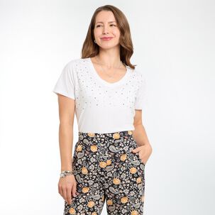 Polera Lisa Aplicación Strass Manga Corta Cuello V Mujer Geeps