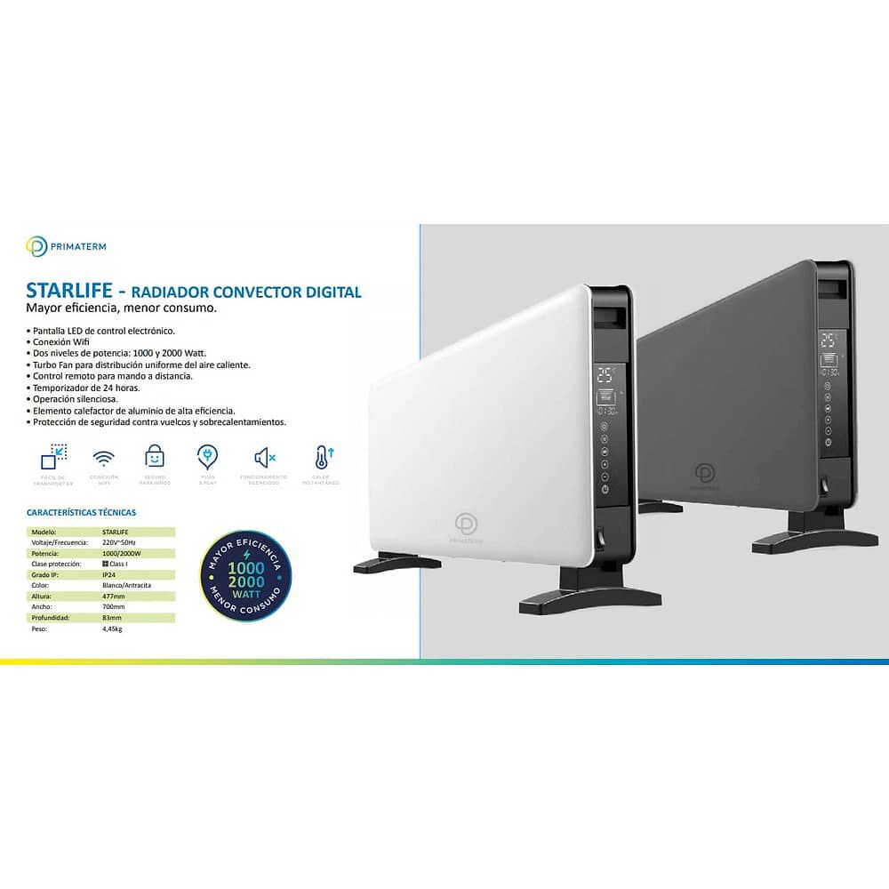 Radiador Calefactor Convector Wifi Digital Starlife 1000-2000w Blanco Primaterm image number 6.0