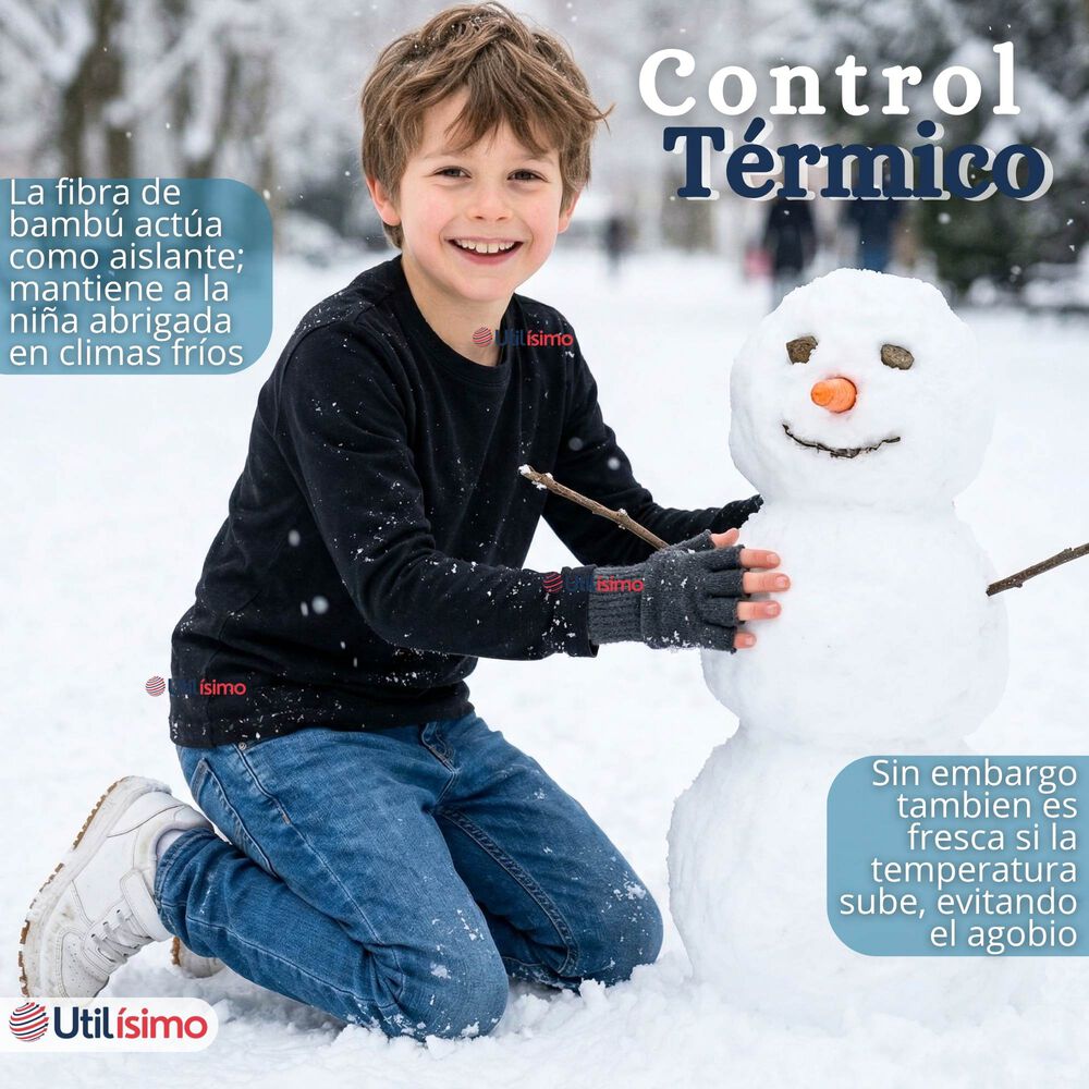 Polera Camiseta Bamb&uacute; Negra Cuello Redondo Primera Capa Manga Larga Ni&ntilde;o image number 5.0