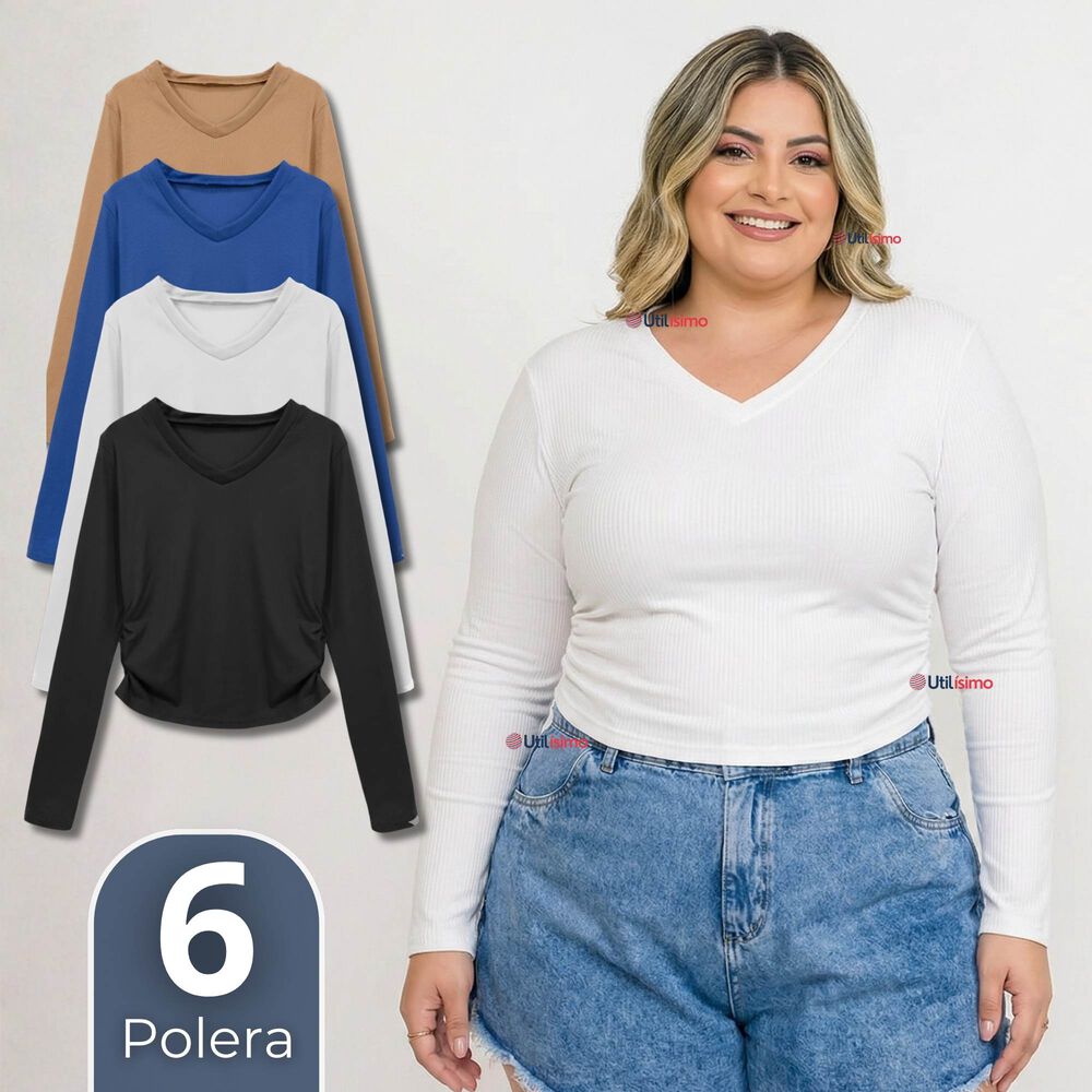 Pack 6 Camisetas Polar Polera Cuello V Mujer Manga Larga Tela Acanalada Colores Surtidos image number 0.0