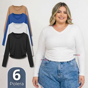 Pack 6 Camisetas Polar Polera Cuello V Mujer Manga Larga Tela Acanalada Colores Surtidos