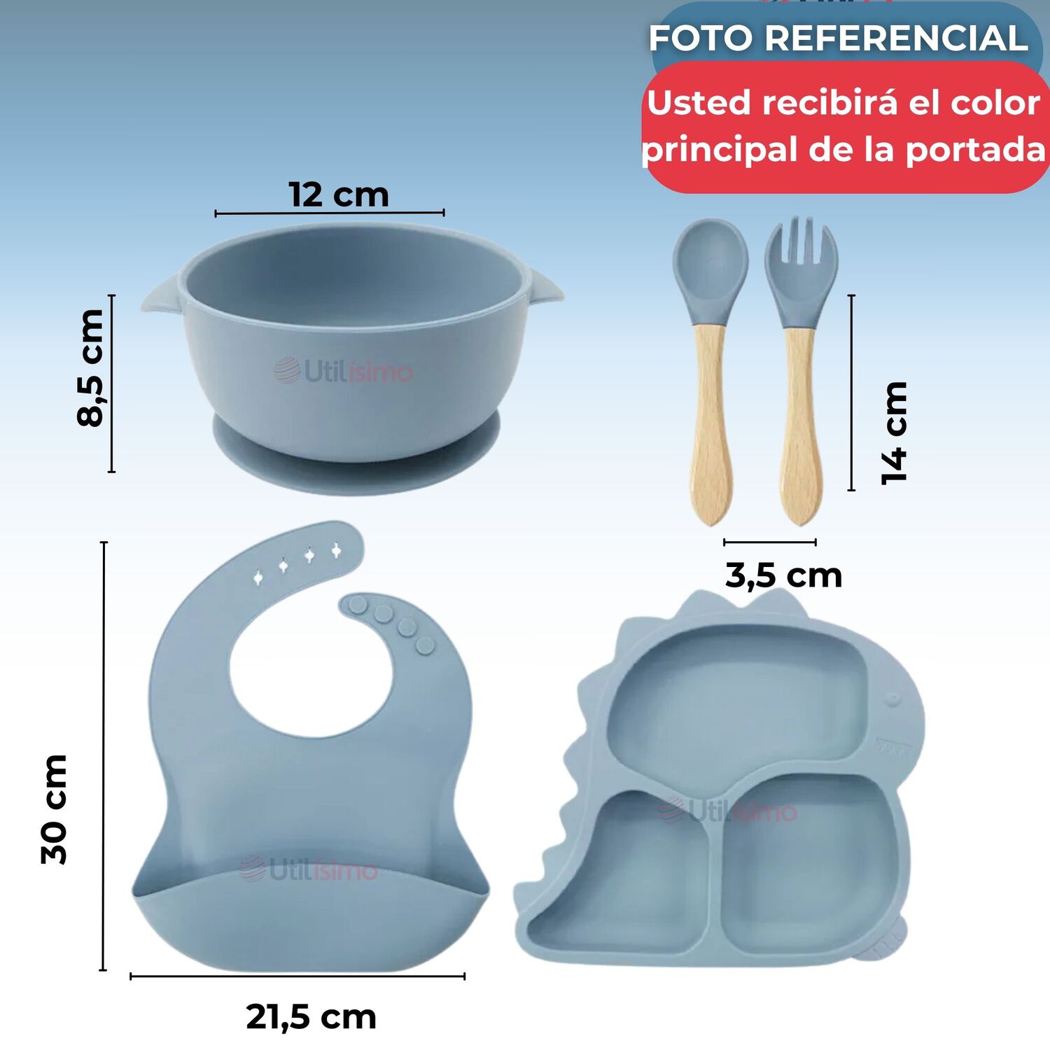 Set De Alimentaci&oacute;n Beb&eacute; Silicona 5 Piezas Dinosaurio Libre Bpa Color Celeste image number 2.0