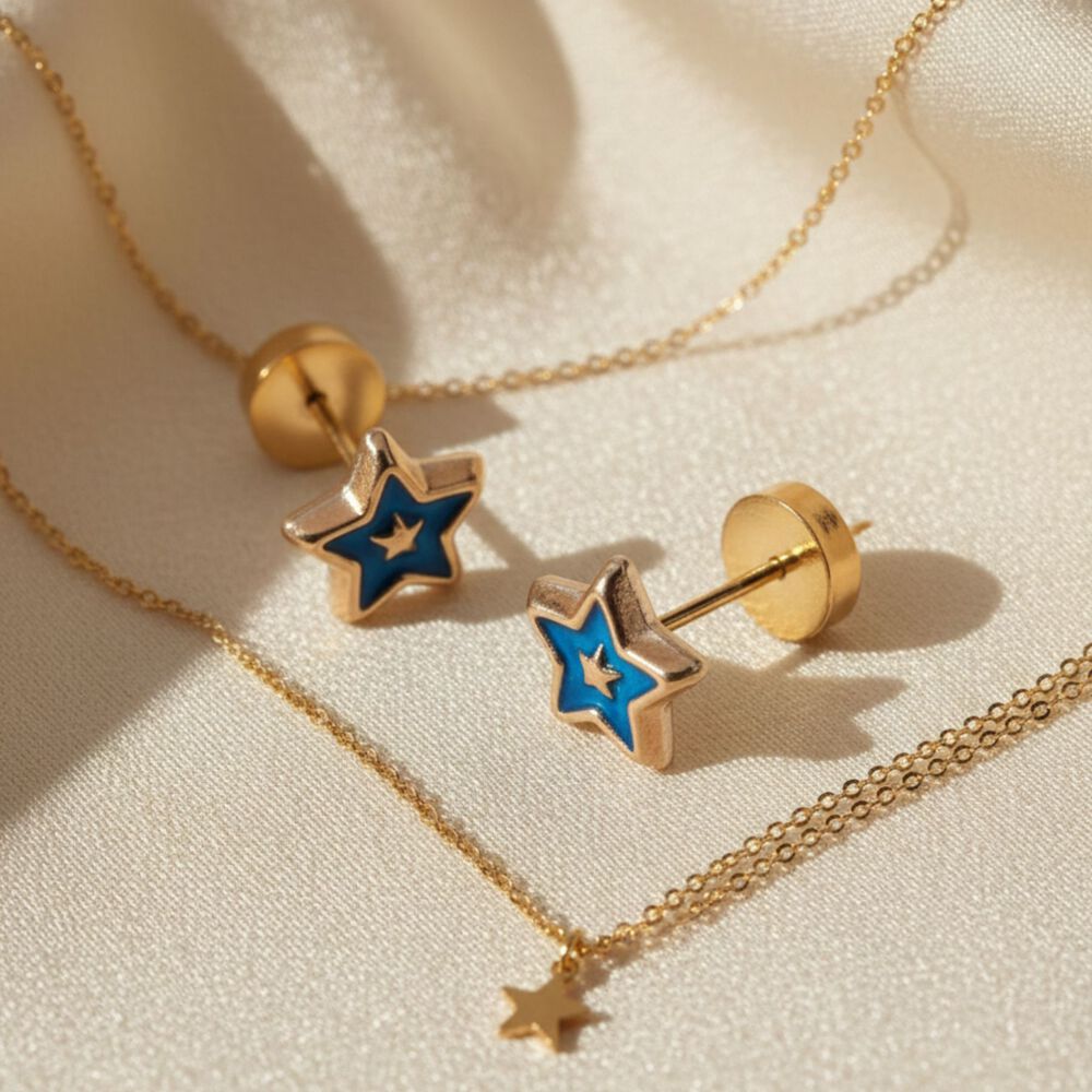 Aros Estrella Laqueada Azul 5mm Oro 14k Abridores A Presi&oacute;n Beb&eacute; Ni&ntilde;a Hipoalerg&eacute;nicos image number 1.0