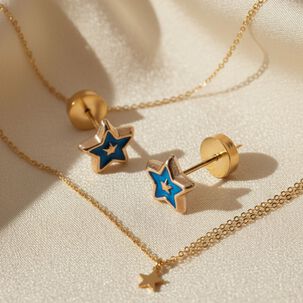 Aros Estrella Laqueada Azul 5mm Oro 14k Abridores A Presi&oacute;n Beb&eacute; Ni&ntilde;a Hipoalerg&eacute;nicos