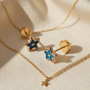 Aros Estrella Laqueada Azul 5mm Oro 14k Abridores A Presi&oacute;n Beb&eacute; Ni&ntilde;a Hipoalerg&eacute;nicos