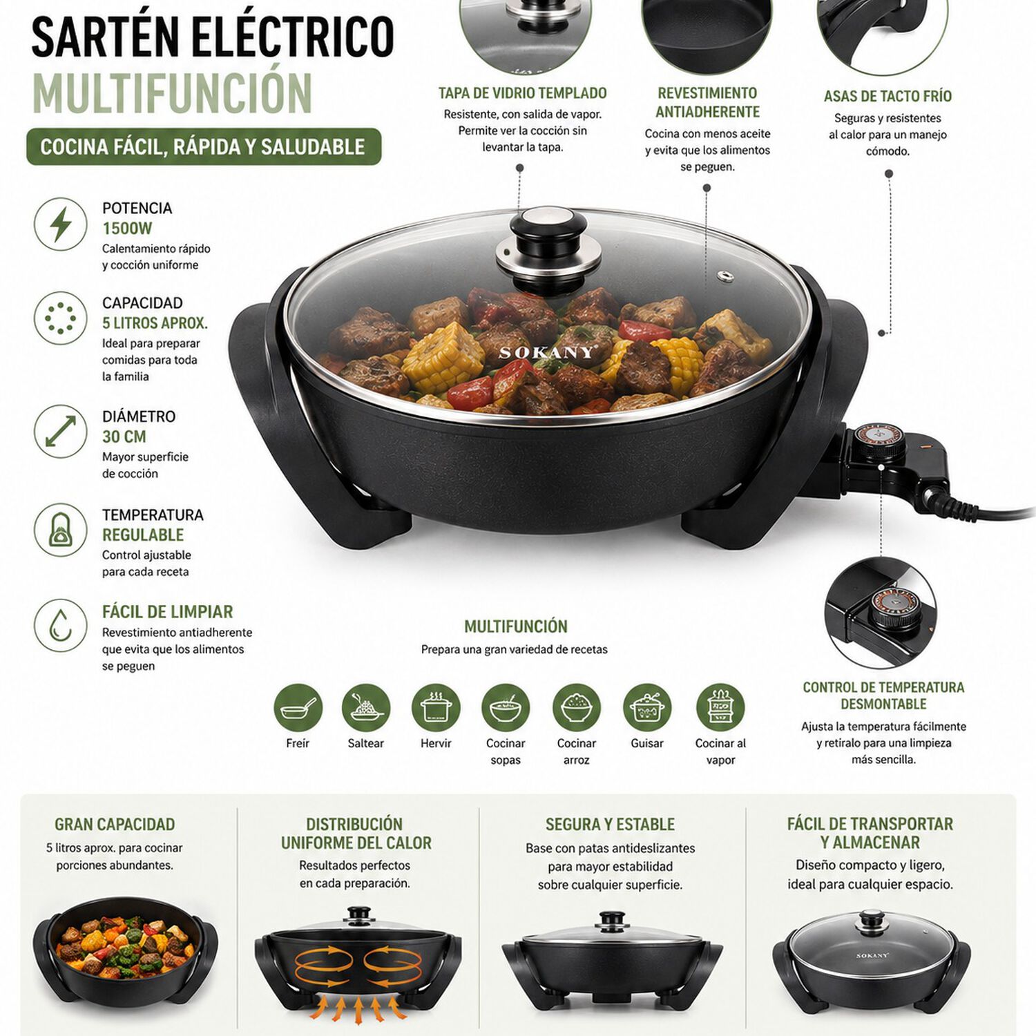 Sart&eacute;n El&eacute;ctrico Multifunci&oacute;n De Aluminio Sokany 30 Cm 1500w Antiadherente Con Tapa De Vidrio Capacidad 5 Litros Color Negro image number 1.0