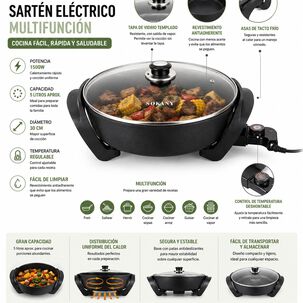 Sart&eacute;n El&eacute;ctrico Multifunci&oacute;n De Aluminio Sokany 30 Cm 1500w Antiadherente Con Tapa De Vidrio Capacidad 5 Litros Color Negro