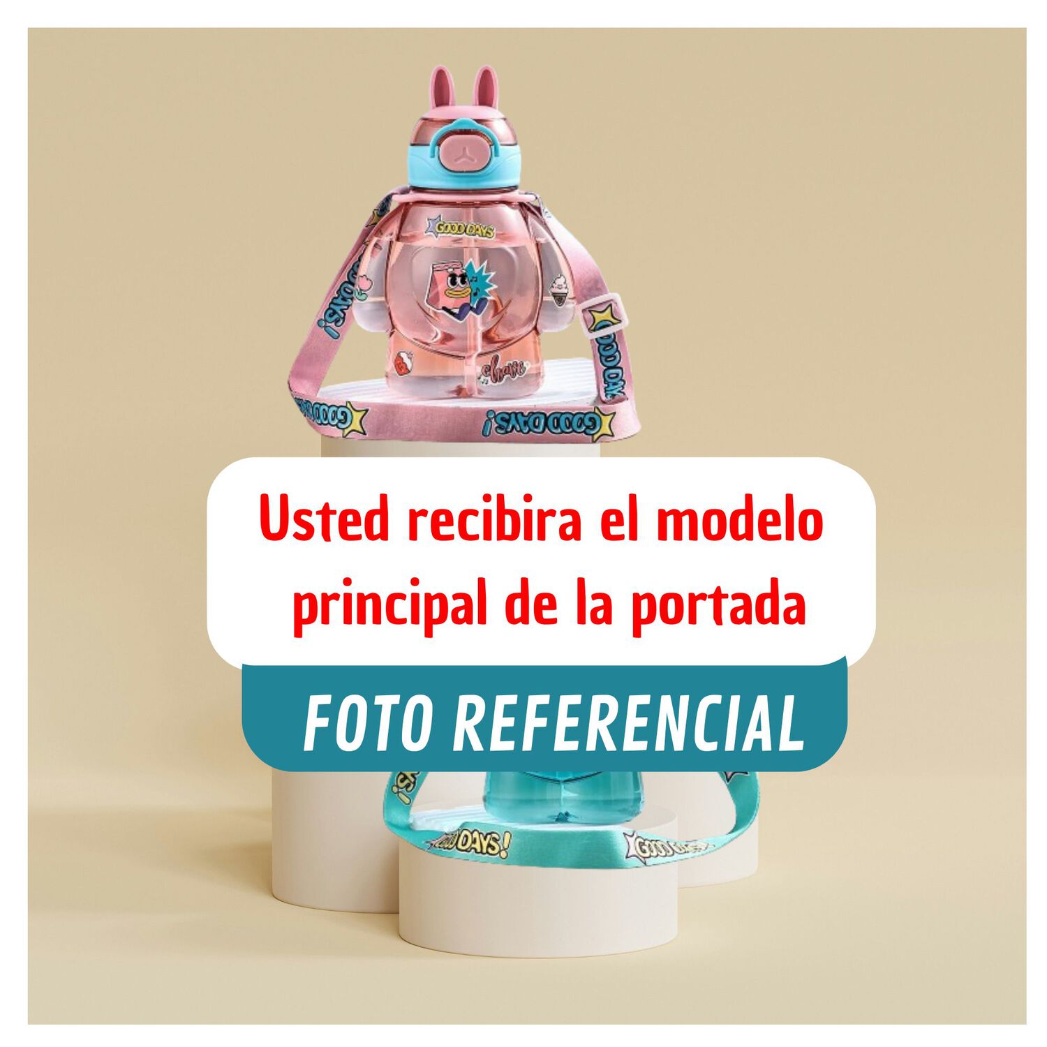 Botella Pl&aacute;stica 650ml Con Correa Y Orejitas Estilo Kawai Sin Bpa Ni&ntilde;os Pink image number 4.0