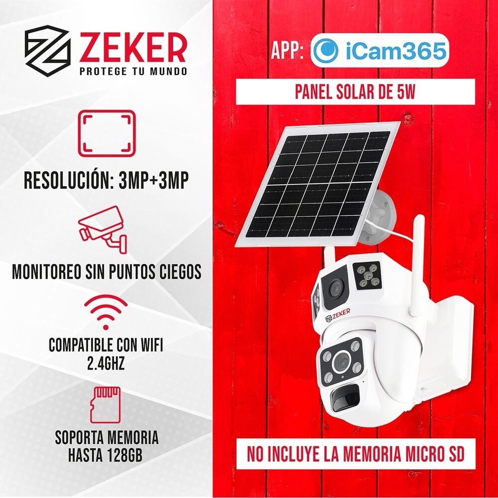 Camara De Seguridad Solar Vigilancia Doble Zeker 3mp Pack X2 image number 1.0