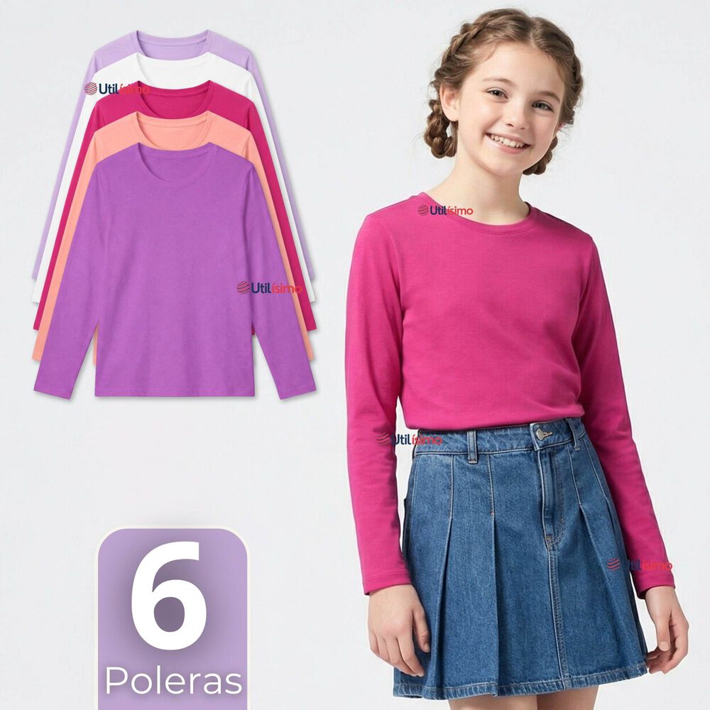 Pack 6 Poleras Camisetas Polar Primera Capa Cuello Redondo Manga Larga Colores Surtido Ni&ntilde;a image number 0.0