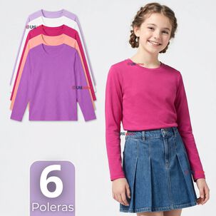 Pack 6 Poleras Camisetas Polar Primera Capa Cuello Redondo Manga Larga Colores Surtido Ni&ntilde;a