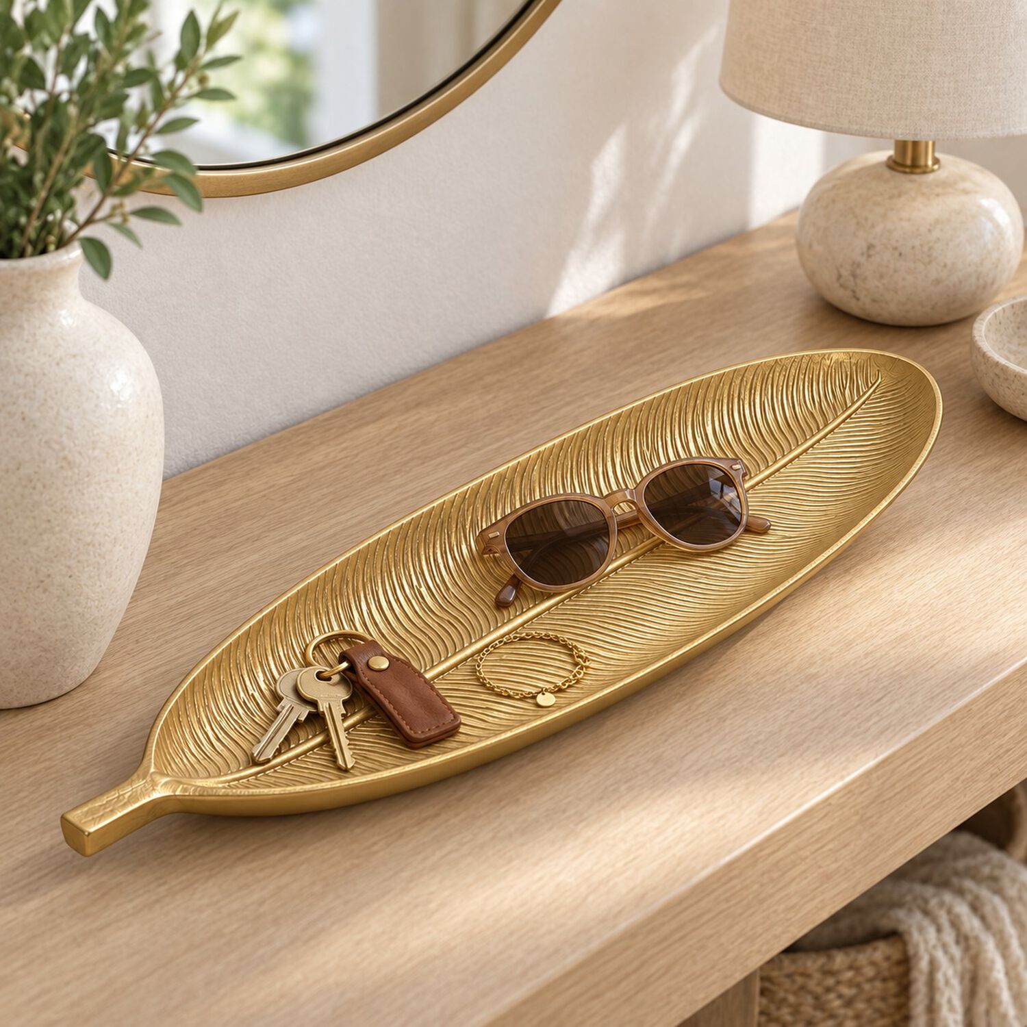 Bandeja Decorativa Forma De Hoja Estilo Moderno Organico 40 Cm Color Dorado image number 0.0