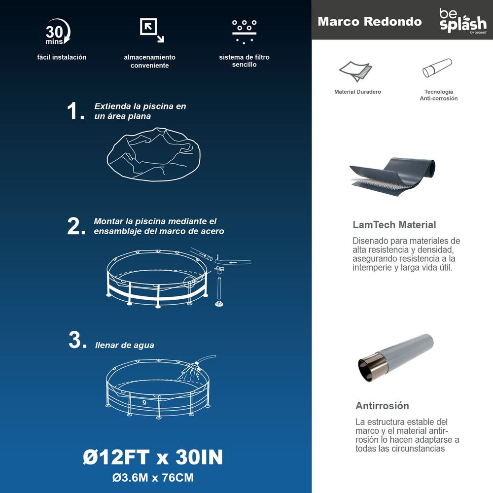 Piscina Estructural Con Bomba Y Cobertor 360x76cm Besplash image number 6.0