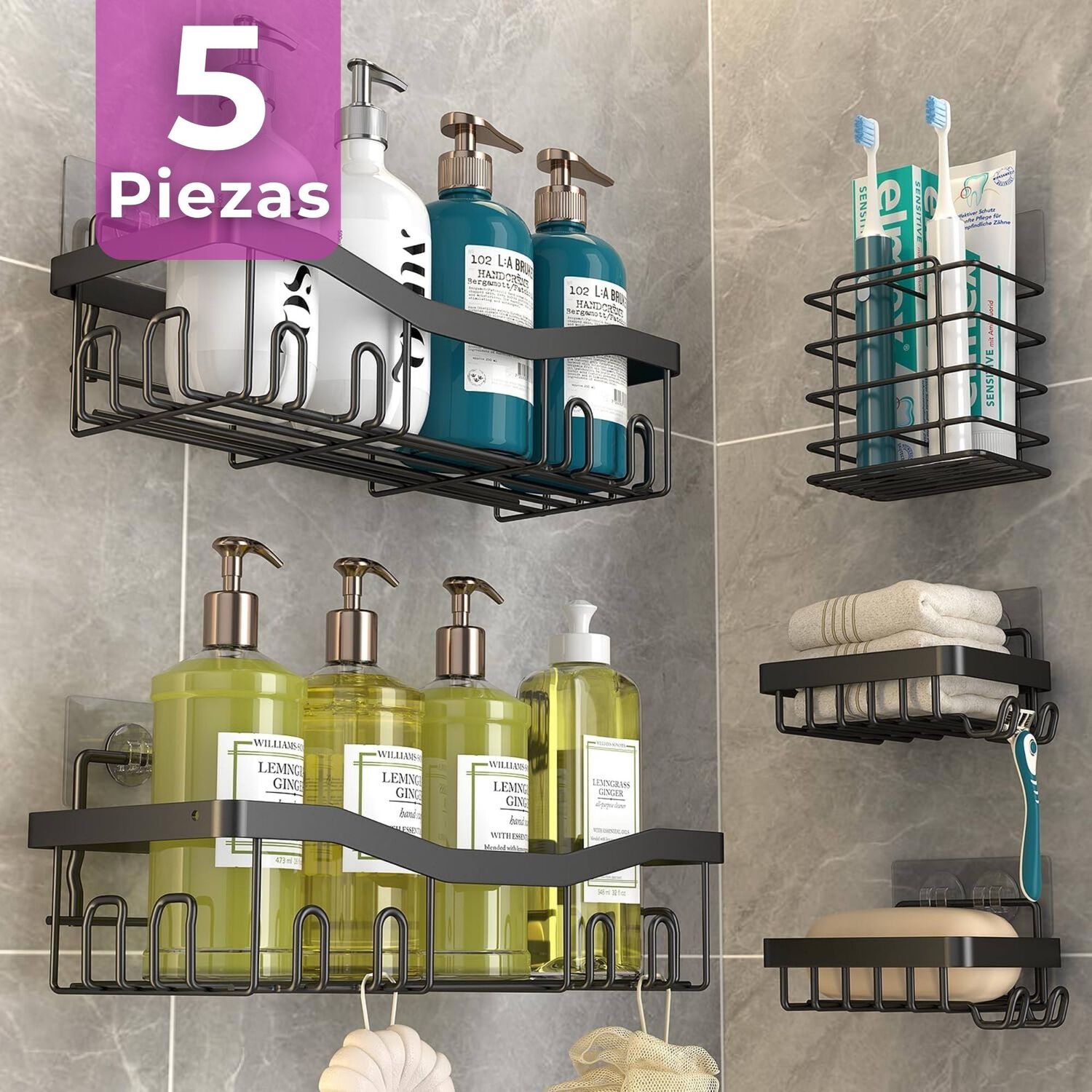 Set Organizador De Ducha 5 Piezas Acero Inoxidable Instalaci&oacute;n Adhesiva image number 0.0