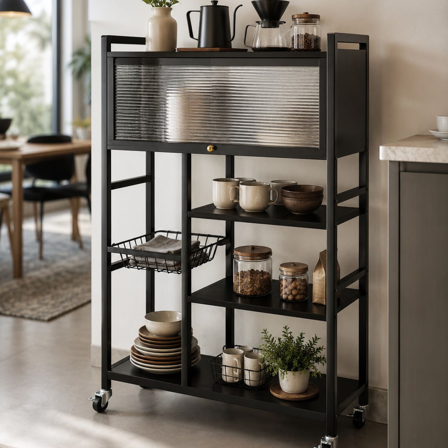 Estante Organizador Multiuso De Cocina Con Gabinete Y Ruedas Color Negro image number 3.0