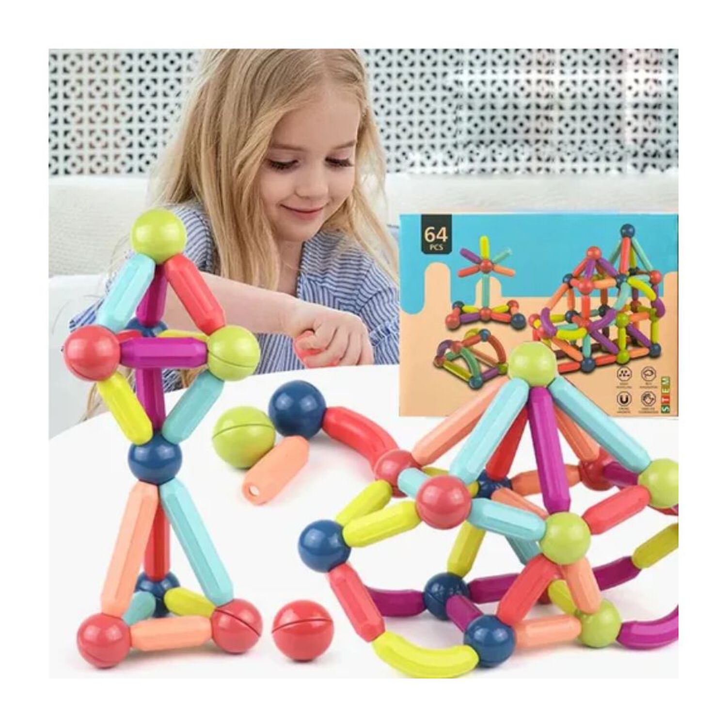 Juego De Bloques 64 Piezas Construcci&oacute;n Magn&eacute;tico Para Ni&ntilde;os image number 2.0