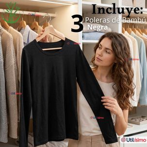 Pack 3 Camisetas Poleras Bamb&uacute; Primera Capa Negro Manga Larga Mujer