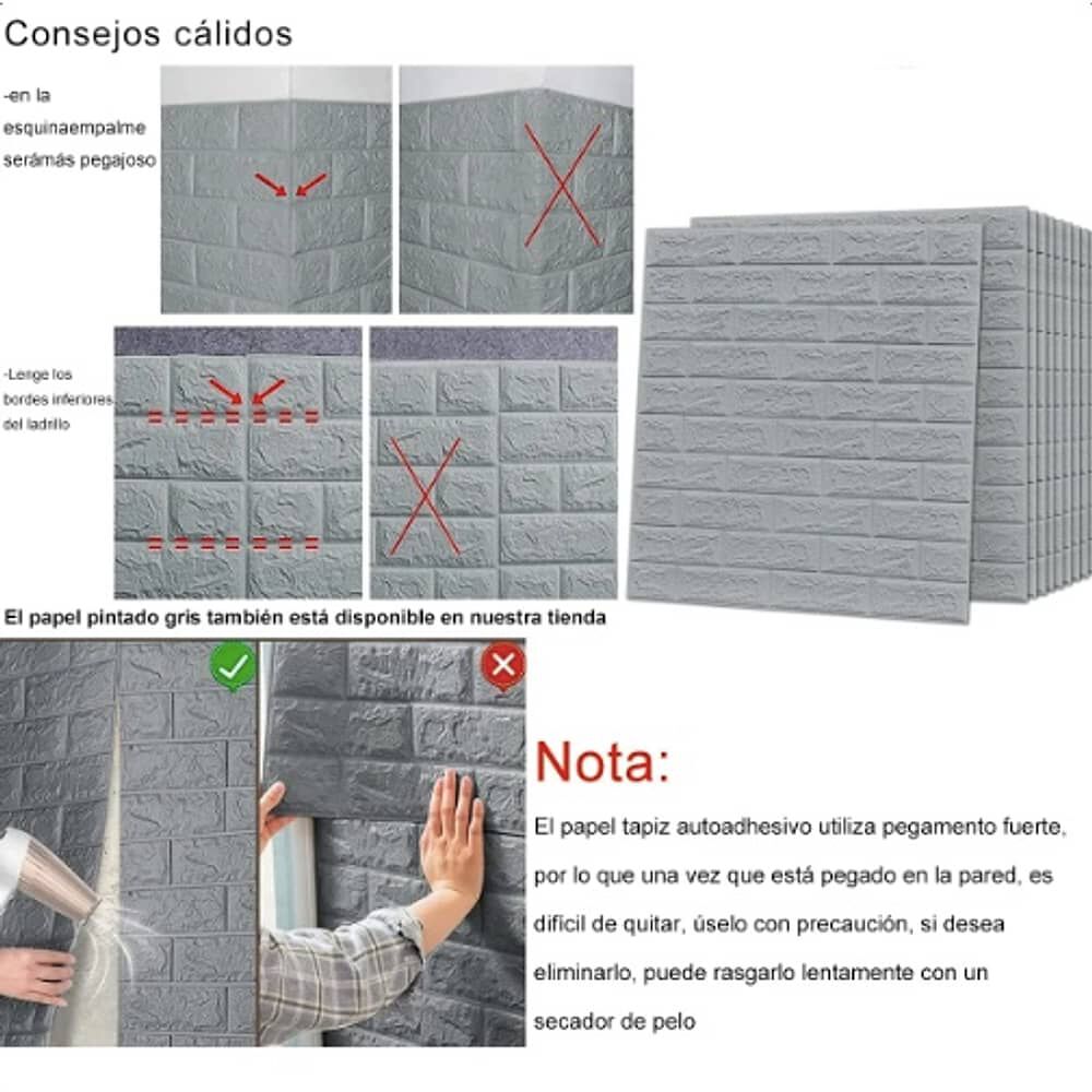 Pack 10 Lamina Papel Mural Autoadhesivo 3d Ladrillo Gris image number 4.0