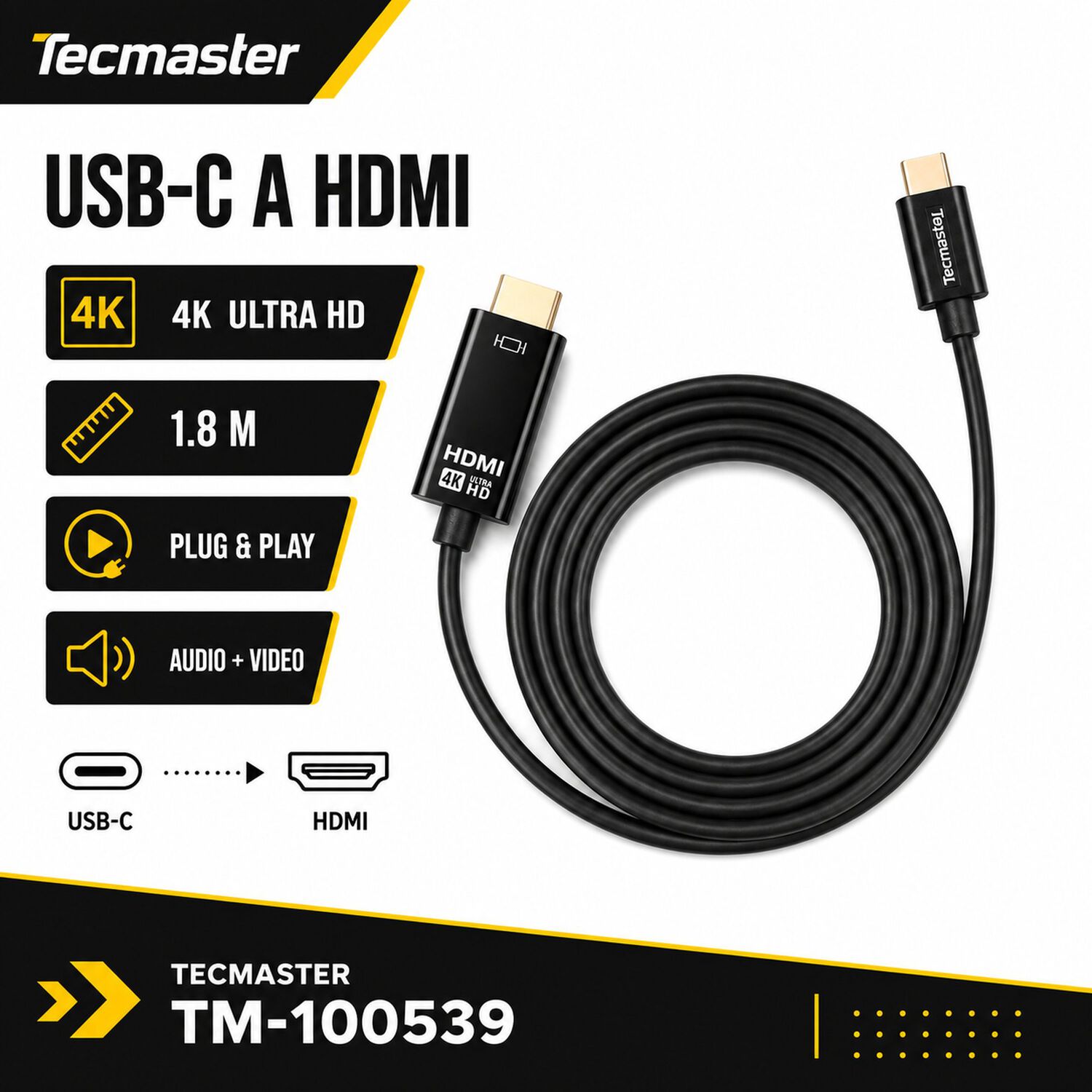 Cable Hdmi Type-c 4k Uhd 1.8m Tecmaster Tm-100539 High Speed image number 4.0